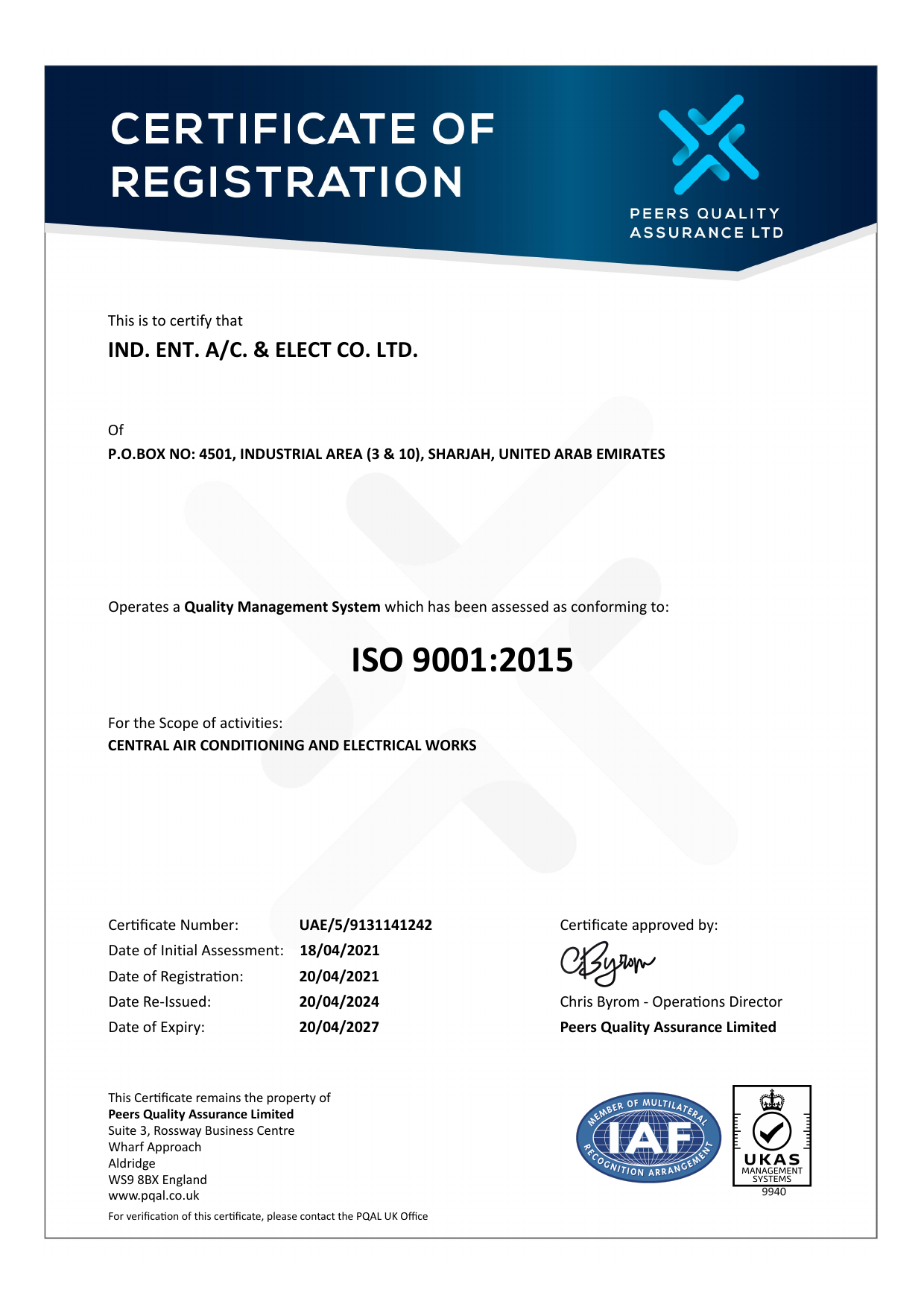 ISO 9001:2015 certificate for IECOMEP